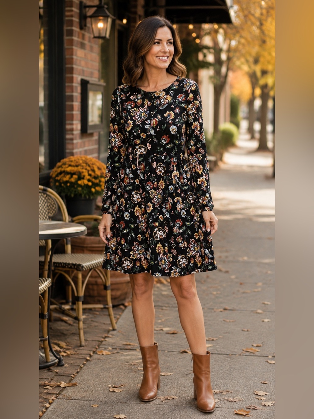 Leota Black Floral Long Sleeve Fit & Flare Dress Made in New York Small